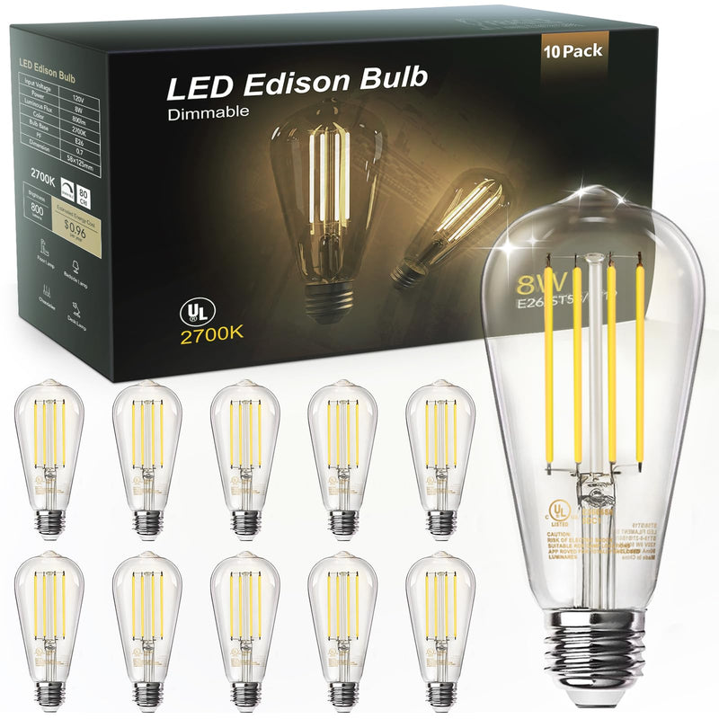 TJOY 10 Pack Vintage 8W ST58 LED Edison Light Bulbs, Dimmable, 60W Equivalent, 800Lumens, 2700K Warm White, E26 Base LED Filament Bulb, CRI80+, Antique Glass Style for Home, Bedroom, Office, Farmhouse 10 Pack - 8W