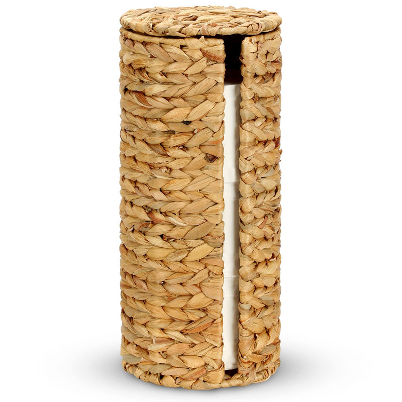 Graciadeco Stand Paper Storage with Lid Spare Extra 3 Rolls of Toilet Tissue Holder Free Standing Water Hyacinth Wciker Toilet Paper Organizer Basket for Bathroom Natural Color