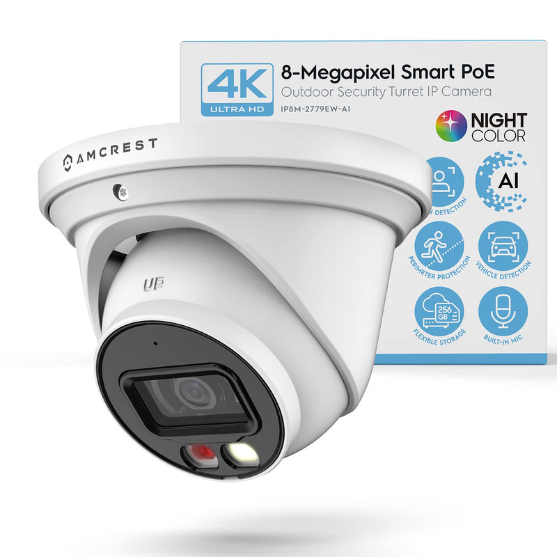 Amcrest UltraHD 4K (8MP) IP PoE AI Camera, 49ft Nightcolor, Security Outdoor Turret Camera, Built-in Microphone, Human Detection, Active Deterrent, 129° FOV, 4K@15fps IP8M-2779EW-AI (White) White
