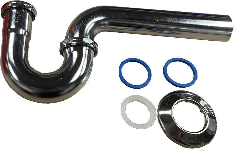 EZ-Fluid 1-1/2" Thick Heavy Duty 17 Gauge Kitchen Sink Chrome Brass P-Trap w/Brass Nuts & 1-1/2" x 1-1/4" Reducing Washer, for Sink Waste Drain P-Trap Tubular Kit, Commercial Grade 1-1/2" x 1-1/2"