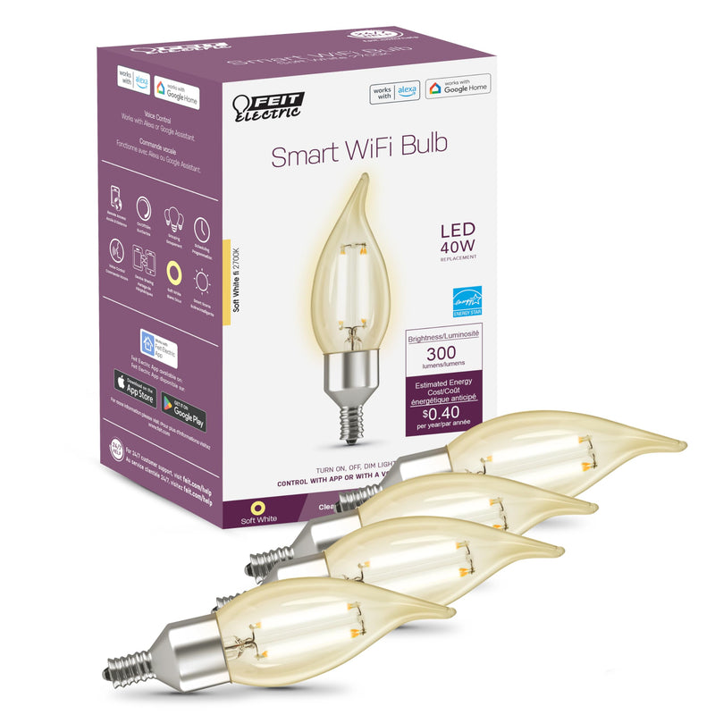 Feit Electric Vintage Flame Tip Smart WiFi LED Bulb, E12 Candelabra Base, 40W Eq. (3.3W), 2700K Soft White, Clear Filament, Dimmable, No Hub Required, 2.4GHz Only, CFC40/927CA/FIL/AG/4, 4 Pack