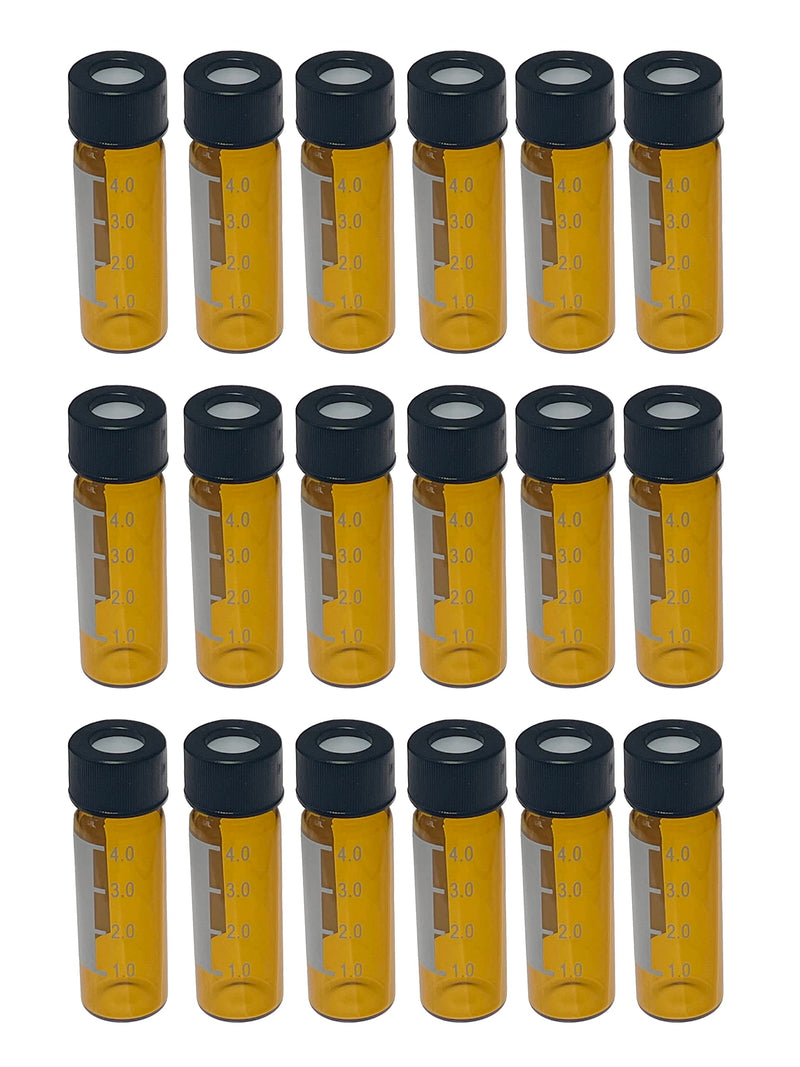 MUHWA 4ml Amber HPLC Vials, 13-425 Lab Autosampler Vials with Writing Area and Graduations, Black Screw Cap with Hole, Red PTFE and White Silicone Septa, 100 Pcs/Pack 4 ml
