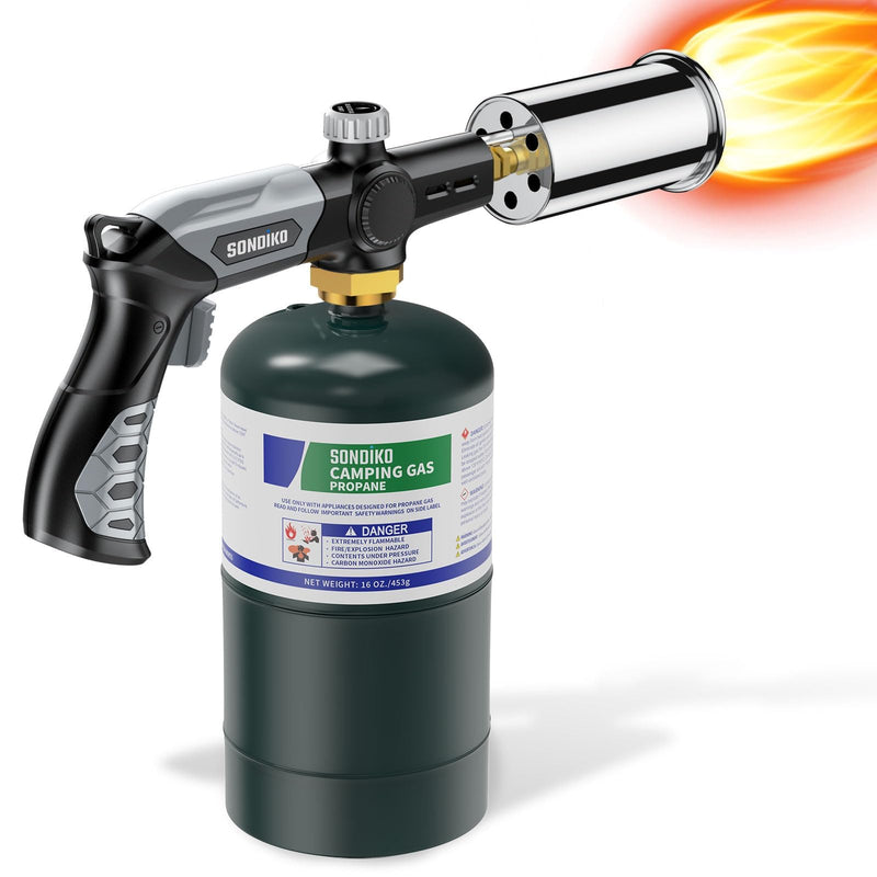 Sondiko Powerful Grill & Cooking Propane Torch L8010, Sous Vide, Welding Torch, Adjustable Wood Torch Burner for Searing Steak, BBQ, Campfire Starter(Black, Grey) Propane Tank Not Included Black