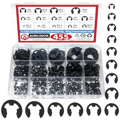 455Pcs E-Clip External Retaining Rings Snap Rings Assortment Set, High Carbon Steel C-Clip Kit, 14 SAE Sizes Circlip Snap Rings M1.5- M15 455pcs E-clip Carbon Steel