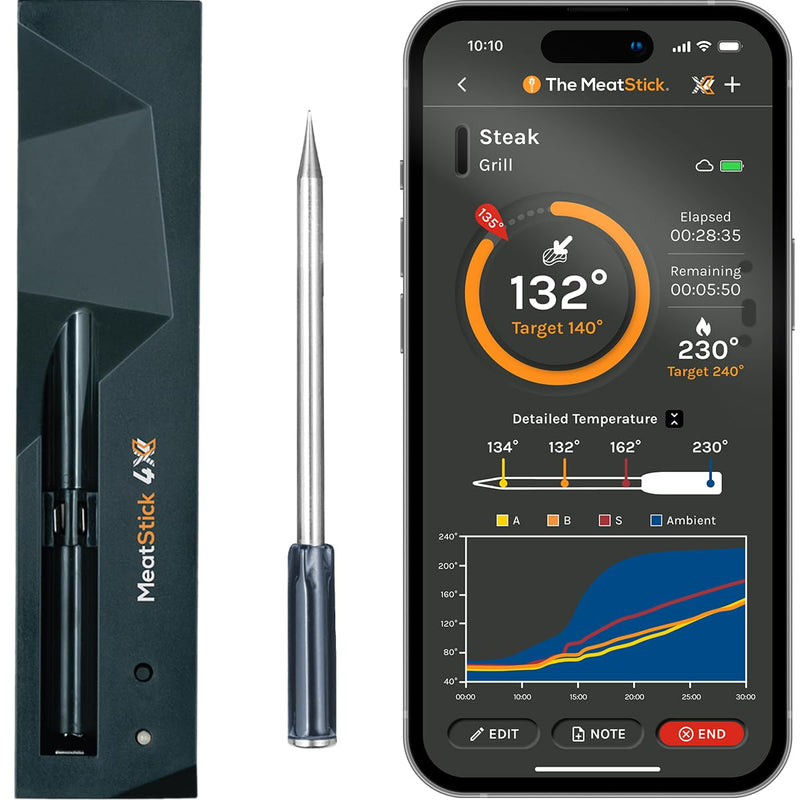 MeatStick 4X Wireless Meat Thermometer for Grilling and Smoking, Bluetooth Temperature Probe with 4 Sensors, 650ft+ Range for BBQ, Smoker, Oven MeatStick 4X Set (650ft+ Range)
