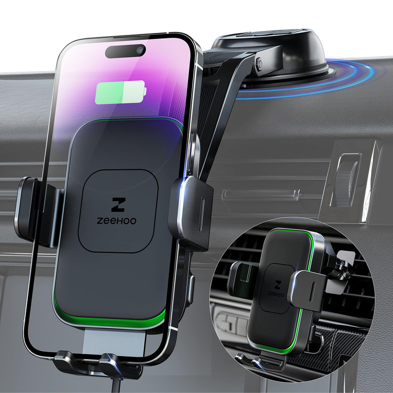 ZEEHOO Wireless Car Charger, DUOXX Dual Coils 15W Fast Charging Auto-Clamping Car Mount, Dashboard, Vent Charging Phone Holder for iPhone 17 16 15 14 13 12, S23 Ultra, Z Flip4 3, etc Black(DUOXX-X3)