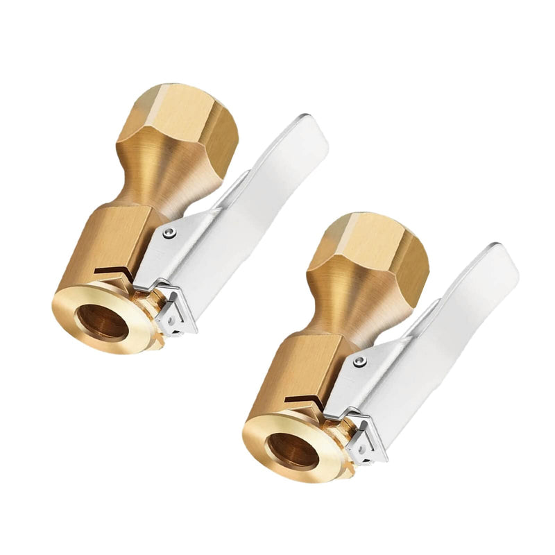 Heavy Duty Brass Air Chuck with Clip Adapter, Open Flow Straight Tire Chuck Air Nozzle, 1/4" FNPT Tyre Chuck for Tire Inflator Pressure Gauge Air Pump Compressor Accessories (Brass, 2 Pack) B-2Pack