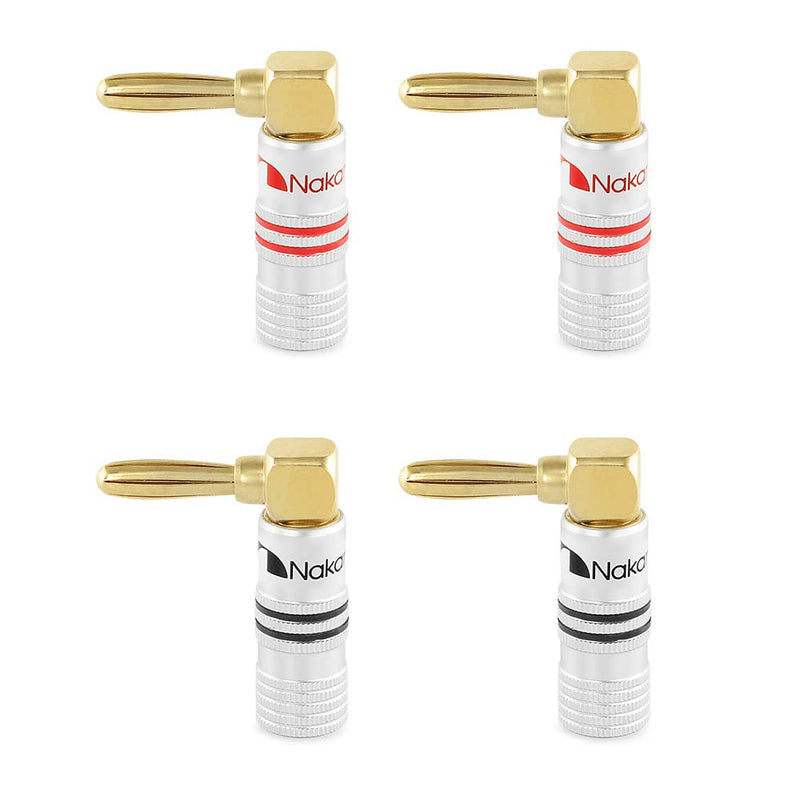 Nakamichi Excel Series 24k Gold Plated Right Angle Banana Plug 12-18 AWG Gauge Size 4mm for Speakers Amplifier Hi-Fi AV Stereo Home Theatre Audio Wire Cable Screw Connector, 4 Pcs (2-Pairs) 4 Pcs (2-Pairs)