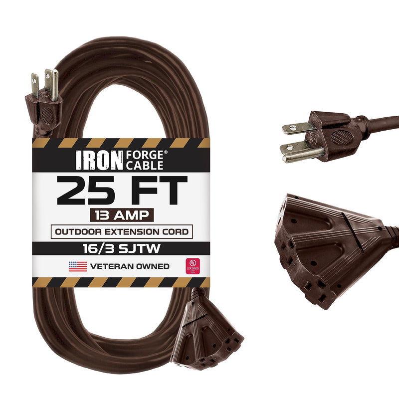 Iron Forge Cable 25ft Brown Outdoor Extension Cord with 3 Outlets - 16/3 SJTW 25ft Extension Cord 3 Prong, 13 Amp All-Weather Heavy Duty Power Cable