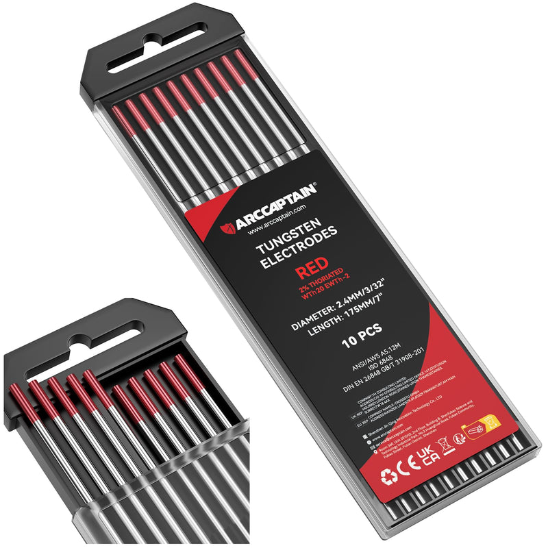 ARCCAPTAIN TIG Welding Tungsten Electrode 10-Pack 3/32"x 7"(Red - 2% Thoriated, WT20/EWth-2) Red