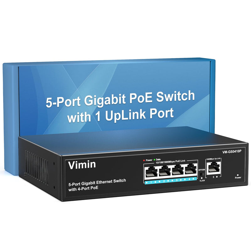 4 Port Gigabit PoE Switch with 1 Uplink Gigabit Ports, VIMIN 5 Port Unmanaged Ethernet PoE Switch with 72W Power, Support IEEE802.3af/at, VLAN, Metal Housing, Desktop or Wall-Mount, Plug & Play 5 Port | 4xPoE + 72W | 1xUPLink