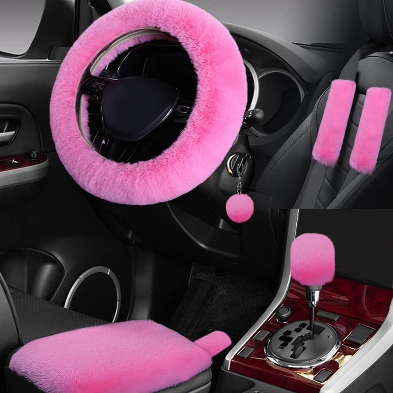 7PCS Set car Interior Aesthetic Accessories, Fluffy 15 inch Steering Wheel Cover, armrest pad, seat Belt Cover,Gear Shift Cover, Fit Girly car Accessories for Women. Pink