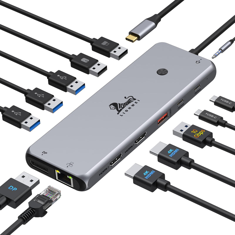 Docking Station Dual Monitor 4K HDMI 13-in-1 USB C Hub for Laptop MacBook | LIONWEI Triple 4K, Dual HDMI+DP, 10Gbps, 100W PD, Ethernet, 8 USB C/A Ports, Switching Mode Botton, Audio, for Dell,HP,Lenovo 13-in-1 Docking Station (USB C)