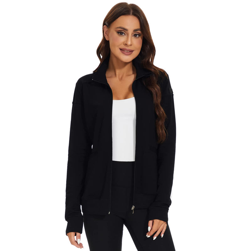 Meanzoo Women's Scrubs Jacket Zip Front Warm-up Jacket Black Medium