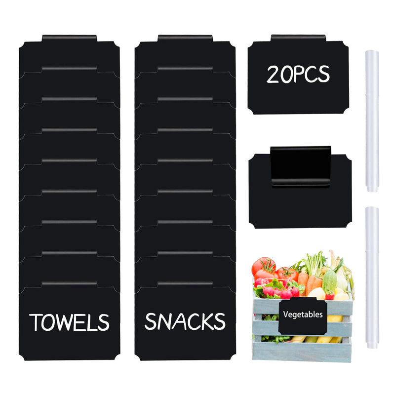 20 Basket Labels Clip On, Reusable Labels for Storage Bins, Removable Chalk Labels for Containers, Kitchen Closet Baskets and Storage Basket Holders with 2 White Chalk Markers Rectangular 20