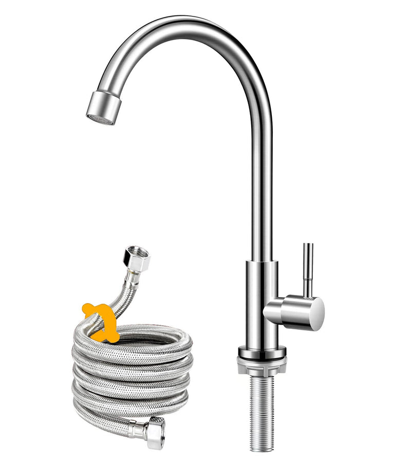 Brushed Nickel Cold Water Faucet Only,Single Handle Single Hole SUS304 Stainless Steel Cold Water Faucet for Kitchen.Outdoor(Stainless Steel nut, Longer Threaded Rod) Upgraded