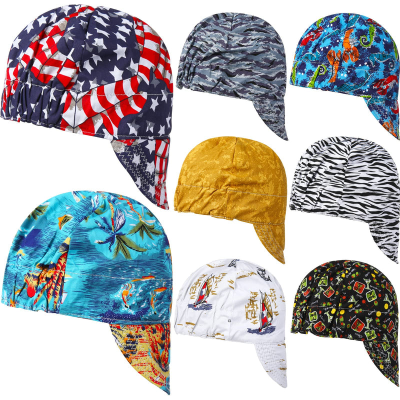Jexine 8 Pcs Unisex Adult Reversible Welding Cap Elastic Flame Resistant Cotton Welding Hat Mesh Inside Liner Low Crown Welders Cap Matched Most Helmet for Welder Electrician Gas Station, 8 Styles