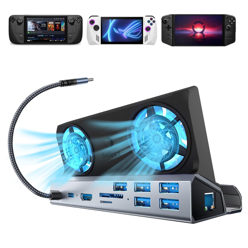 10-in-1 Docking Station for Steam Deck OLED & ROG Ally X & Legion Go, Dual Cooling Fan 5 USB Ports, 4K@60Hz HDMI 2.0, 100W Charging Port Support ROG Ally 30W Mode, Gigabit Ethernet, SD/TF