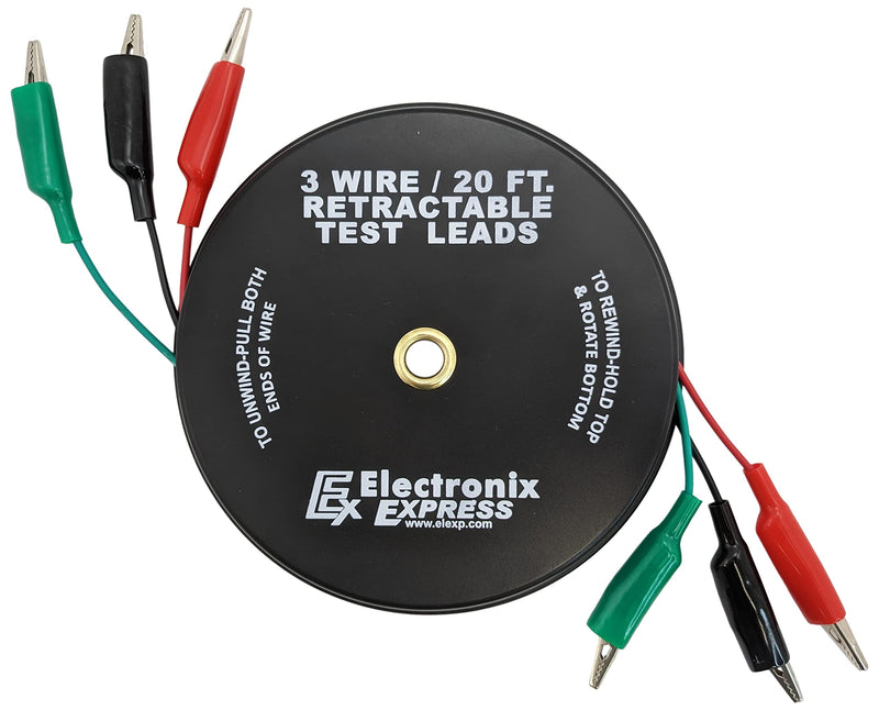 3 Wire 20 Foot Retractable Test Leads, Red/Black/Green 18 Gauge Wire with Alligator Clips on Each End, Ideal for Electrical Troubleshooting Cars, Trailers, Boats - EX ELECTRONIX EXPRESS