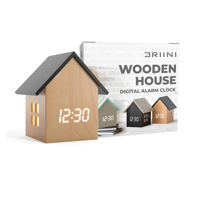Driini Digital House-Shaped Alarm Clock with Temperature Display (Light Wood) – Modern Aesthetic - Cute Cube Frame and White LED Dimmer - Perfect Small Desk Clock for Bedside Table or Bedroom Mantle Light Wood; Black Roof