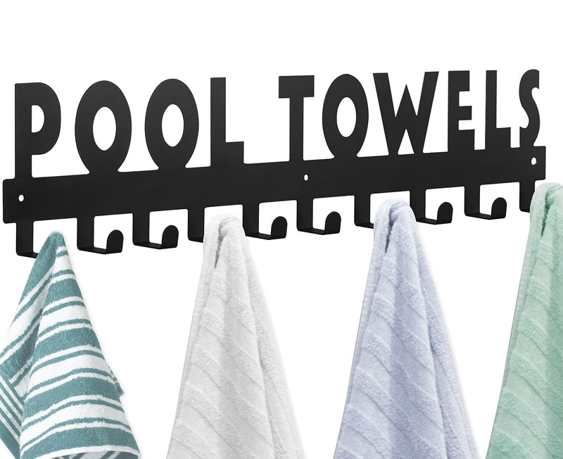 Pool Towel Rack Large Size 10 Hooks for Bathroom Wall Mount Towel Hooks Towel Holder Carbon Steel Hanger Organizer Indoor Outdoor for Robe, Towel, Coat, Swimsuit, Umbrella, Bag, Keys(Black 32Inch-10Hooks Black-Pool Towels