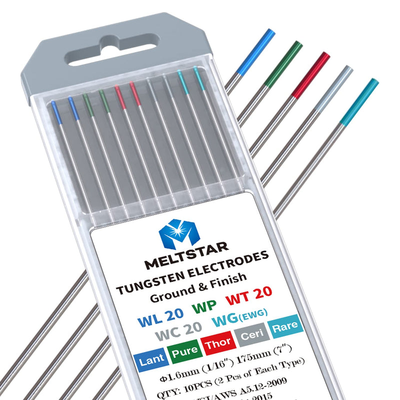 TIG Welding Tungsten Electrodes Mix Set, 5 Color Markings Red Green Blue Turquoise Grey, 1/16" x 7" 10 Pack 1/16” x 7” Multicolored