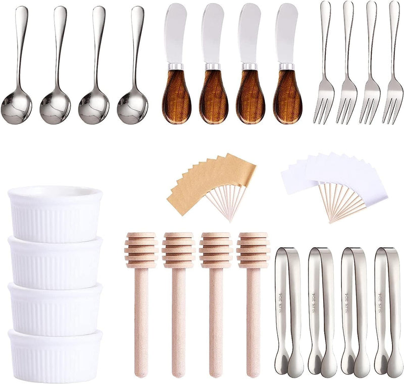 Charcuterie Accessories(25 Psc), Cheese Spreaders For Charcuterie Board, Mini Serving Spoons, Blank Toothpick Flags, Bowl For Christmas Pastry Making, forks And Mini Serving Tongs Silver-Wooden Handle