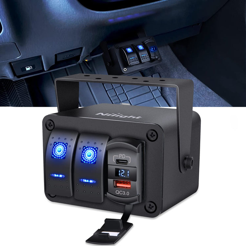  [AUSTRALIA] - Nilight 2 Gang Rocker Switch Box 12V SPST ON Off Switch PD Type C and QC 3.0 USB Charger Voltmeter Waterproof Aluminum Rocker Switch Panel DIY Stickers for Boats Cars RVs Trucks Blue+Box