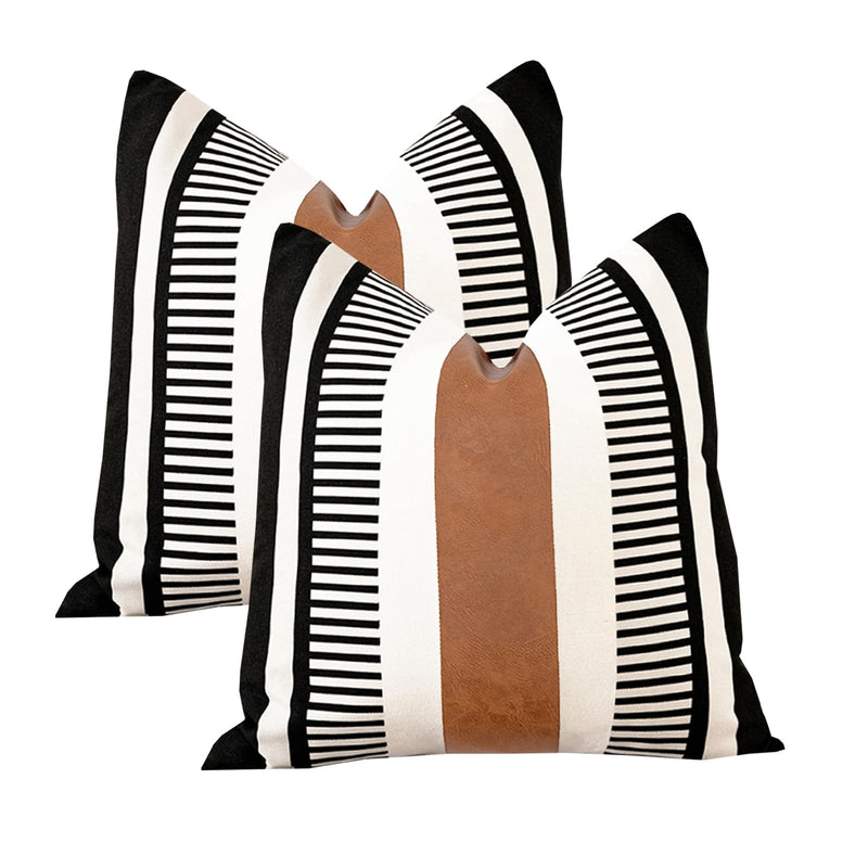 Set of 2 Boho Decor Faux Leather and Cotton Throw Pillow Covers 24x24 Rustic Canvas Cushion Cover Black White Farmhouse Stripe Pillow Case for Sofa Couch Chair Bedroom 24" x 24" (Pack of 2)