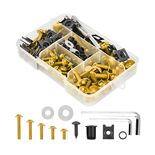 Motorcycle Fairing Bolt Kit, 177pcs M5 M6 Motorcycle Windscreen Screws, Aluminum Fasteners Fairing Bolts Nut Clips Kit, Mounting Kits Washers Nuts Screws Assortment for Sport Bikes (Gold) Gold