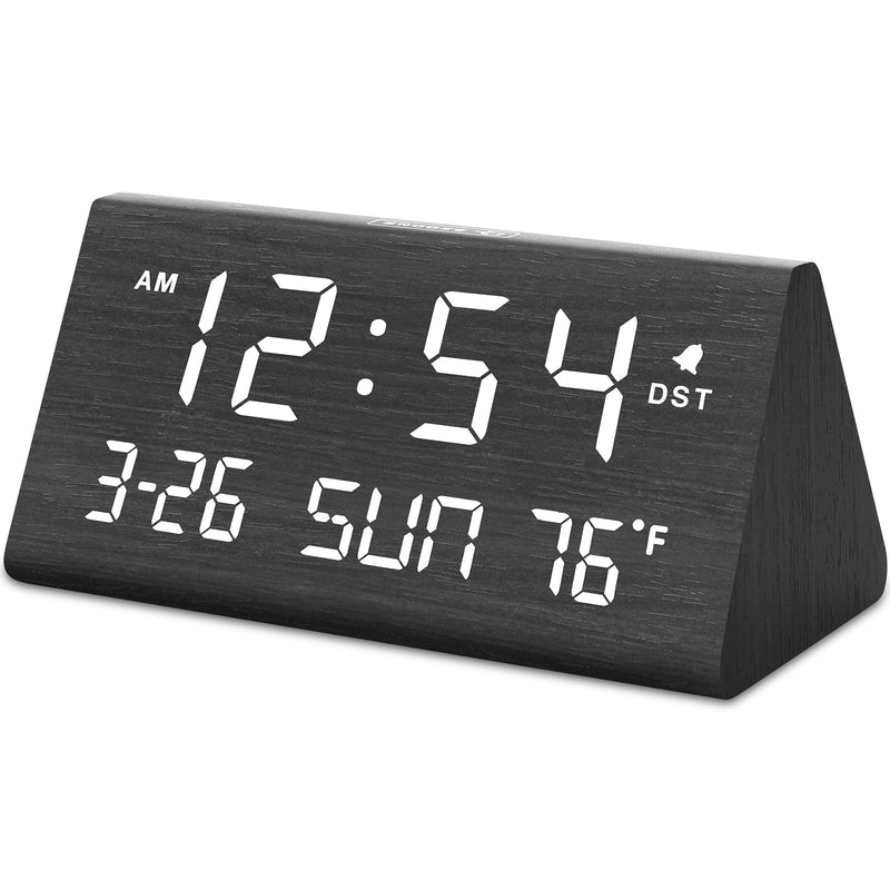 DreamSky Digital Alarm Clocks for Bedrooms - Wooden Desk Clock with Date, Day of Week, USB Port, Temperature, Dimmer for Bedside Table, Living Room, Office, Adjustable Volume, Auto DST, Wood Decor Black - Date & Day