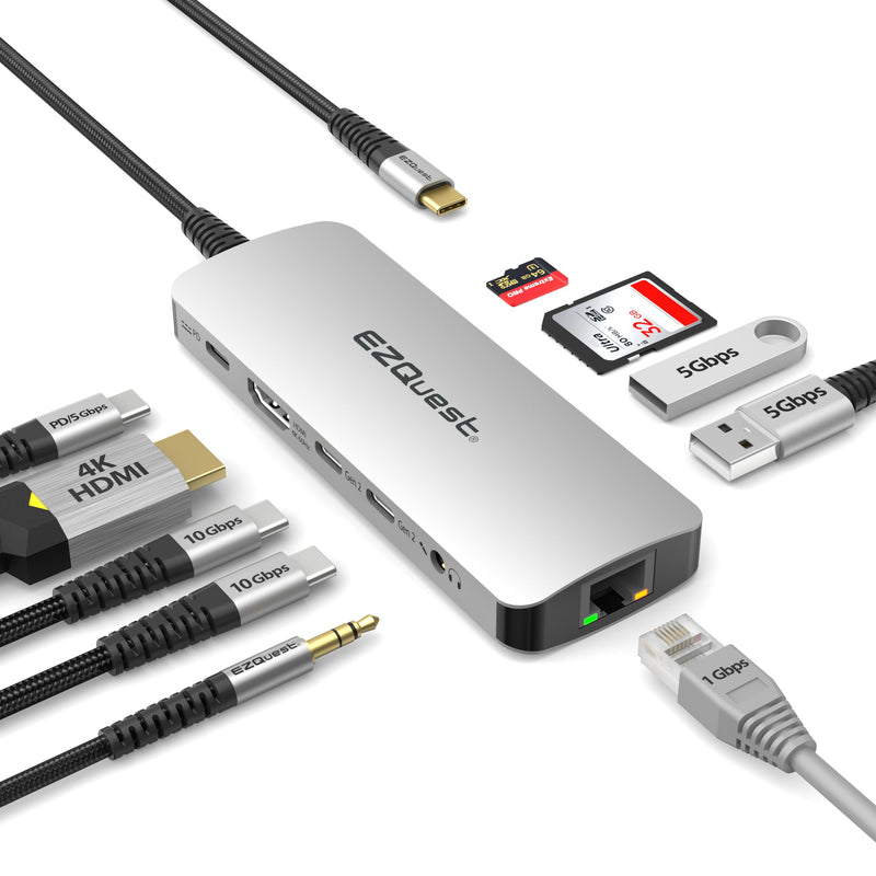 EZQuest USB-C Hub Docking Station 10 in 1 with 4K HDMI 60Hz, 1 GBS Ethernet, 2 USB C Gen 2 10Gbs, 1 PD 3.0, 2 USB-A 3.0, Audio Ports, SD/Micro SD, Compatible with USB Type C/Thunderbolt Computers 10 in 1 - Gen 2