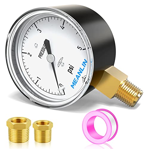 MEANLIN MEASURE 0-5psi Diaphragm Type Capsule Low Pressure Gauge 1/4" NPT 2-1/4" FACE DIAL Adjustable Water Column Gauge, with 1/4" x 1/2" NPT and 1/4" x 3/8" NPT Hex Bushing, Lower Mount 0~5Psi