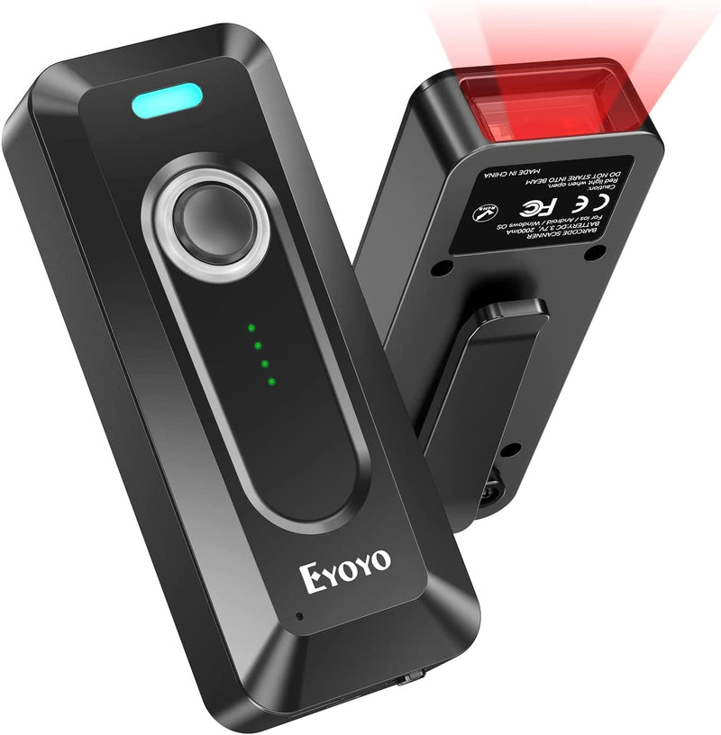 Eyoyo 2D Bluetooth Barcode Scanner Wireless with Clip, 2000mAh Battery with Level Indicator, Portable Mini QR Bar Code Reader for Library Book Inventory Compatible with iPhone, iPad, Android Phone Black