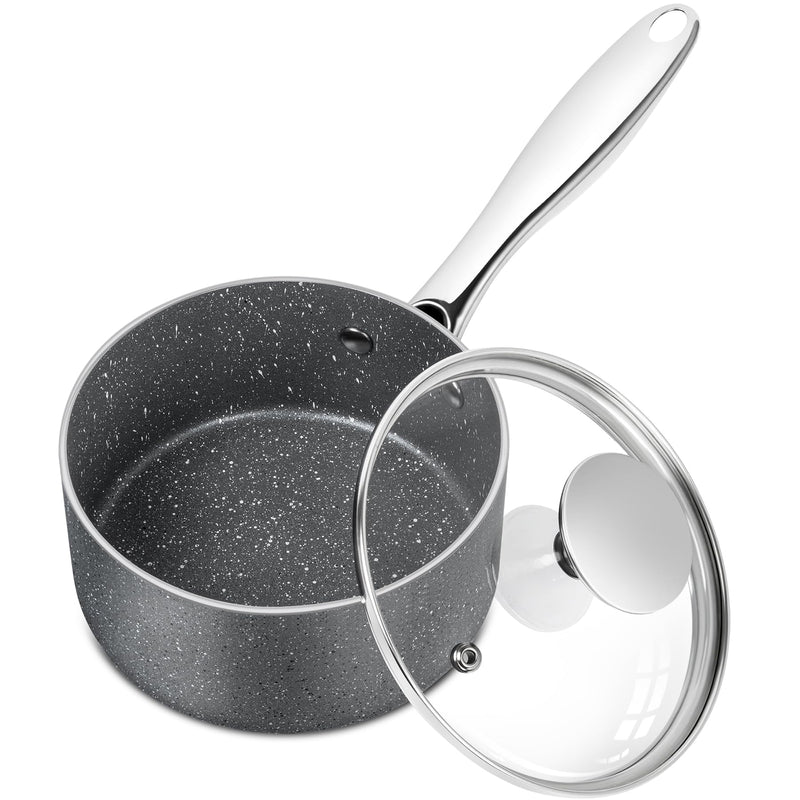 MICHELANGELO Sauce Pan with Lid, 1 Quart Saucepan with Lid Granite, Non Stick Sauce Pan with Stainless Steel Handle, 1 Qt Saucepan with Nonstick Coating, Grey 1 Quarts
