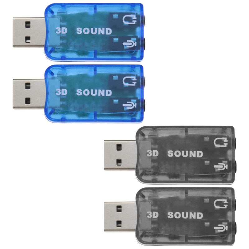SING F LTD 4PCS External 5.1 USB Stereo Sound Card with 3.5mm Headphone and Microphone Ports 3D Virtual 5.1 Channel Audio Adapter Compatible with Windows 2 Black & 2 Blue