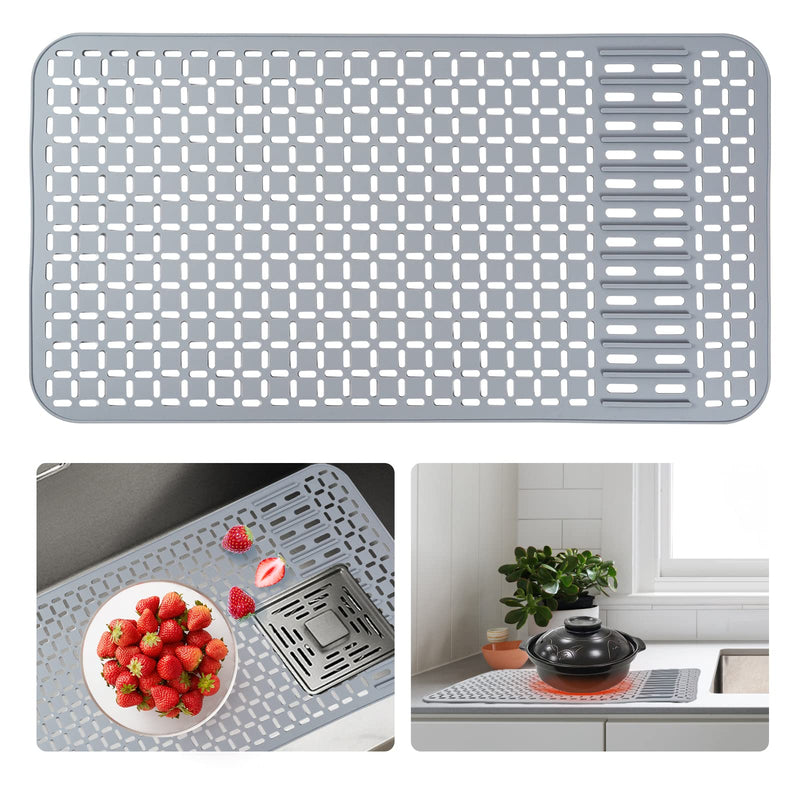 Silicone Sink Mat 26''x14'' Kitchen Sink Protector Mat With DIY Drain Hole, Grey Farmhouse Silicone Sink Mat Protector 1pcs Kitchen Sinks Accessories 26"