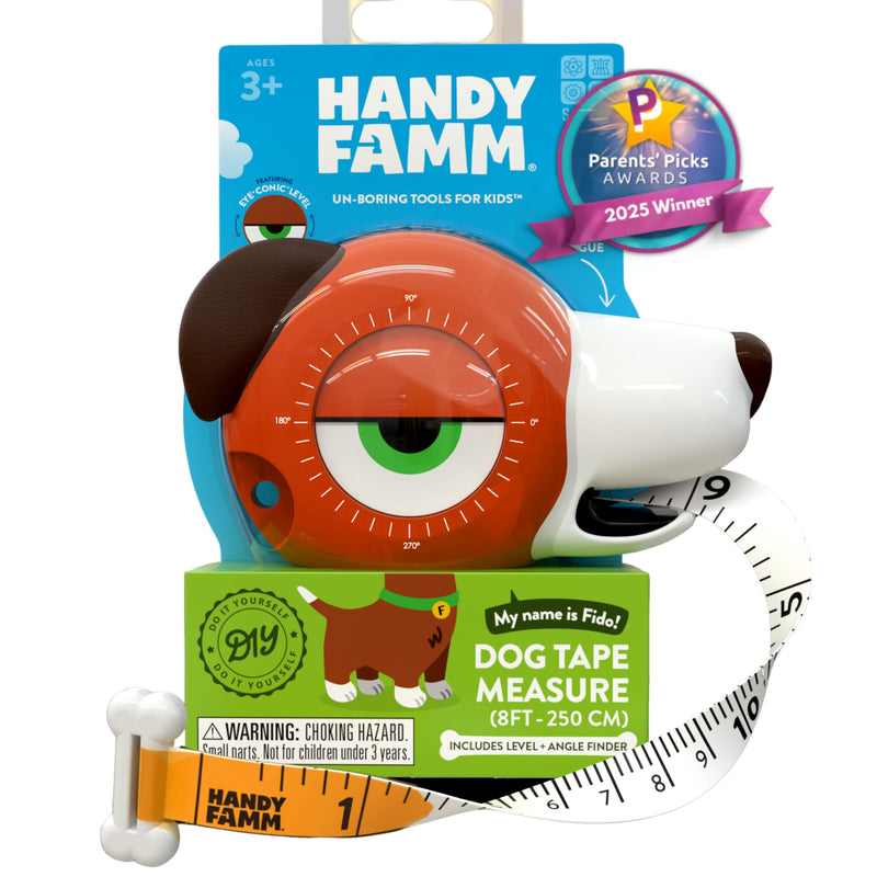 Handy Famm Fido The Dog 4-in-1 Kids Measuring Tape with Adjustable Level Eye, Angle Finder & Eraser Ears – Montessori STEM Educational Toy, Real Tape-Measure for Children Ages 3+