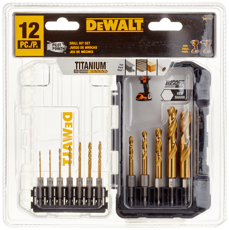 DEWALT Drill Bit Set, Titanium Impact Ready, Ideal for Metal, Wood, and Plastic, 12 Piece (DD5152) One Size 12 Piece Drill Bit Set