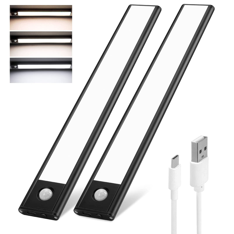 Under Cabinet Lights Wireless,Under Counter Motion Sensor Light Kitchen, 54 LED Rechargeable Night Lighting,3 Color Temperatures Black Closet Light for Bedroom,Wardrobe, Stairs,Cupboard(2 Pack) 12inch Black 54LEDs Sliver