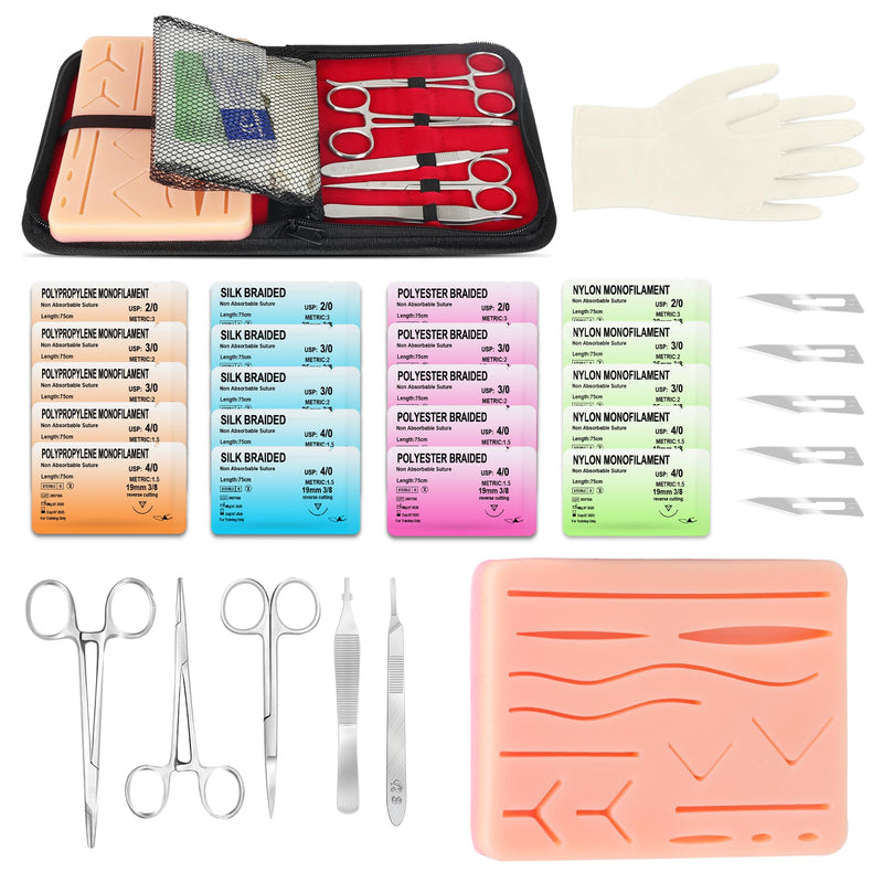 Suture Practice Kit for Medical Students, Large Silicone Pad 14 Pre-Cut Wounds, Supplies for Vet/Nursing Students Includes Surgical Removal Practice Wound Closure Stitches Practice Kit. 20 packs of sutures