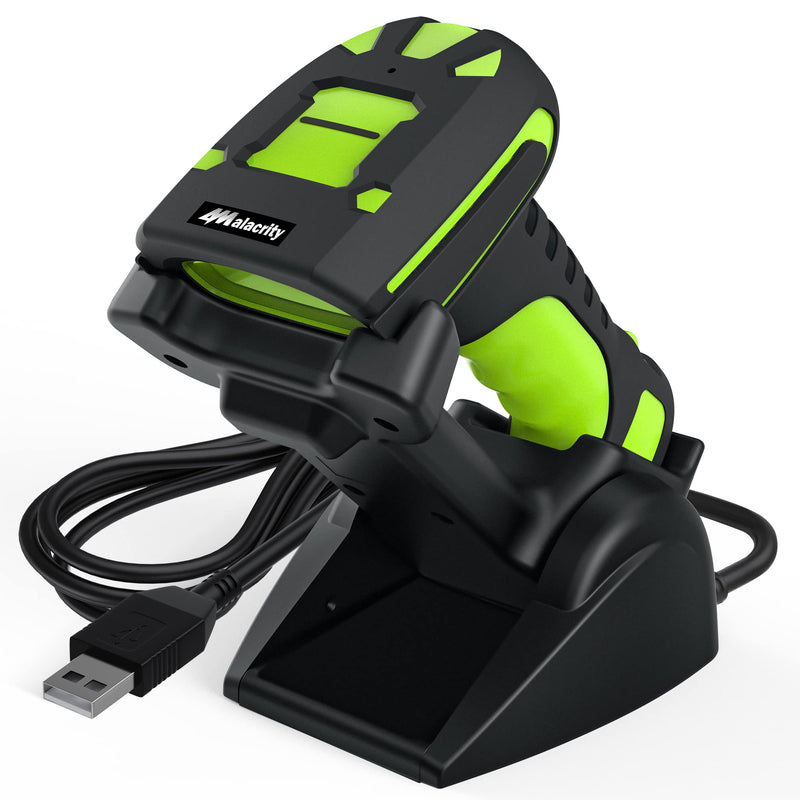 Alacrity 2D Industrial Wireless Barcode Scanner with Charging Stand, Bluetooth Drop Resistant, 1968 Feet Transmission Distance 433Mhz QR 1D Bar Code Reader Green