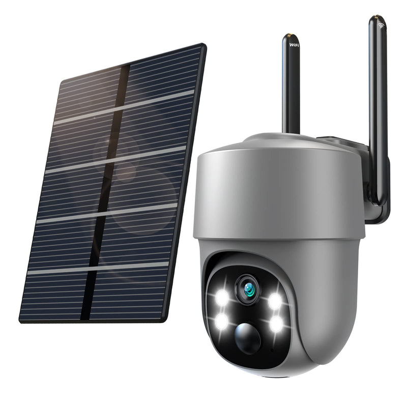 Solar Security Cameras Wireless Outdoor, Mulit-Functional Home Security WiFi Camera with PIR Motion Detection & Floodlight, Weatherproof for Garden Front/Back Yard (2.4G WiFi Camera Grey)