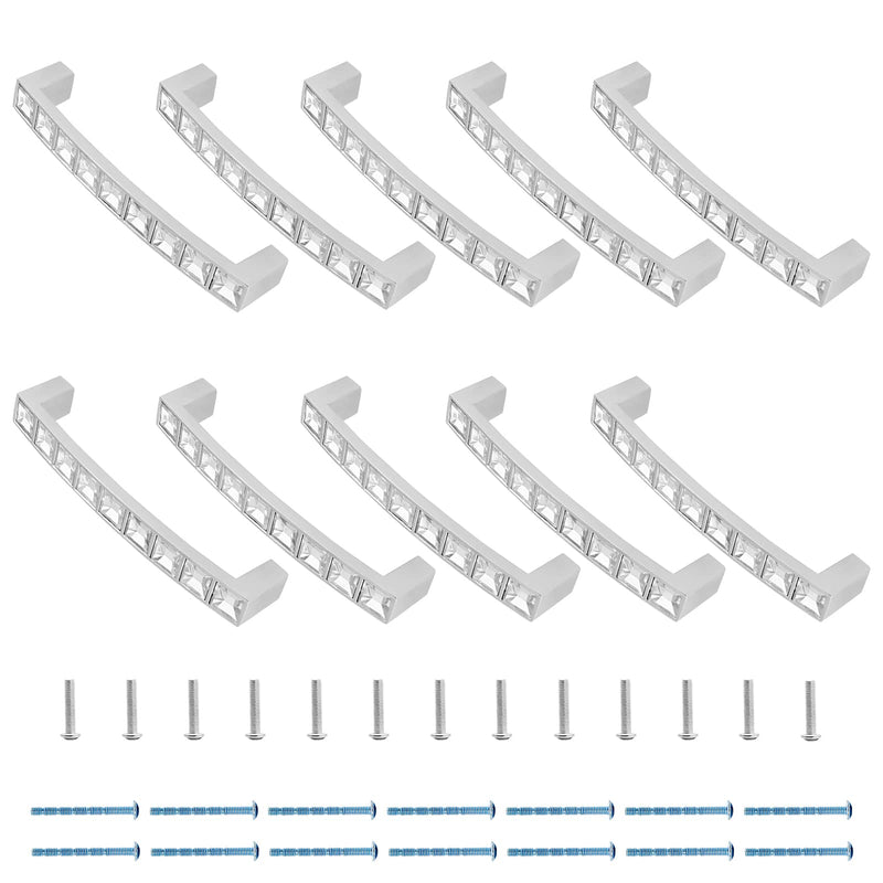 Bivethoi Crystal Drawer Pulls, Rhinestone Handles, 96mm / 3.78" | 10 Pcs, Silver Zinc Alloy, For Kitchen Cupboard Bedroom, Hole Centers 3.78"/96mm,10pcs
