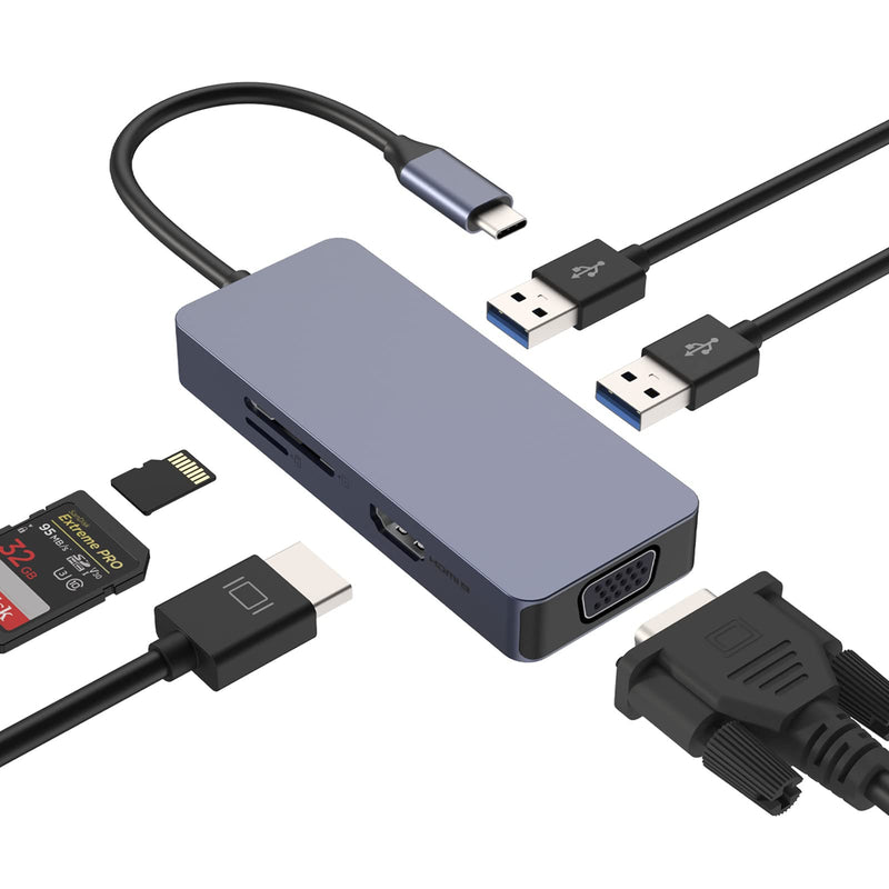 USB C Hub, HOPDAY Docking Station, 6 in 1 Dual Monitor USB C Adapter with VGA, 4K HDMI, USB 3.0 Ports, SD/TF Card Reader, Compatible with MacBook Pro/Air, Dell/HP/Lenovo