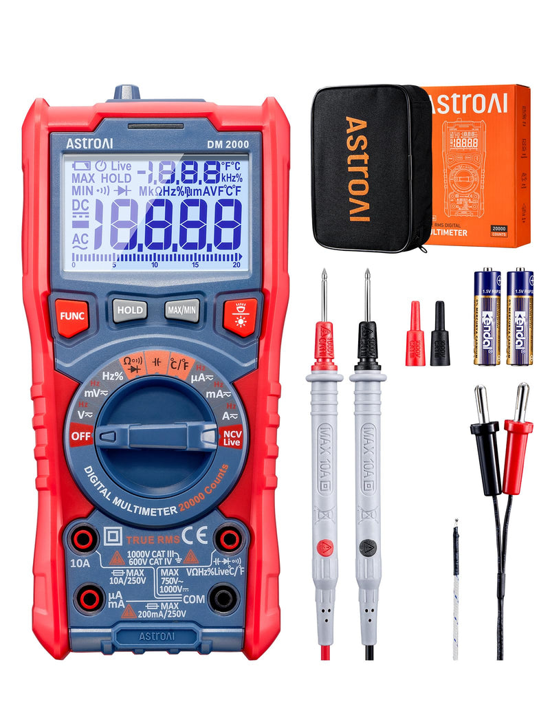 AstroAI Digital Multimeter Tester TRMS 20000 Counts with Higher Resolution Auto-Ranging Voltmeter; Accurately Measures Voltage Current Resistance Diodes Continuity Duty-Cycle Capacitance Temperature