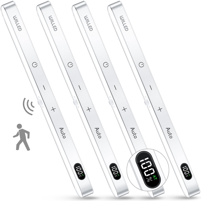 WILLED Motion Sensor Light Indoor, Battery Display, 60 LED Touch Light Bar, Under Cabinet Lights Rechargeable, Battery Operated Closet Light Wireless, Stick on Under Counter Lights for Kitchen(4 Pack) Cool White 6000K 4 Pack