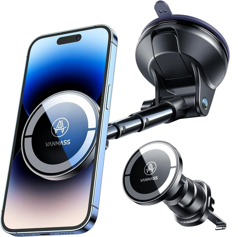 VANMASS for MagSafe Car Holder [Dash+Windshield+Vent] Magnetic Phone Mount | Military-Grade Certified,Upgraded Strongest Magnet&Suction,Truck Tesla Cell Stand Cradle for iPhone 17 Pro Max 16 15 14 13 12 Black