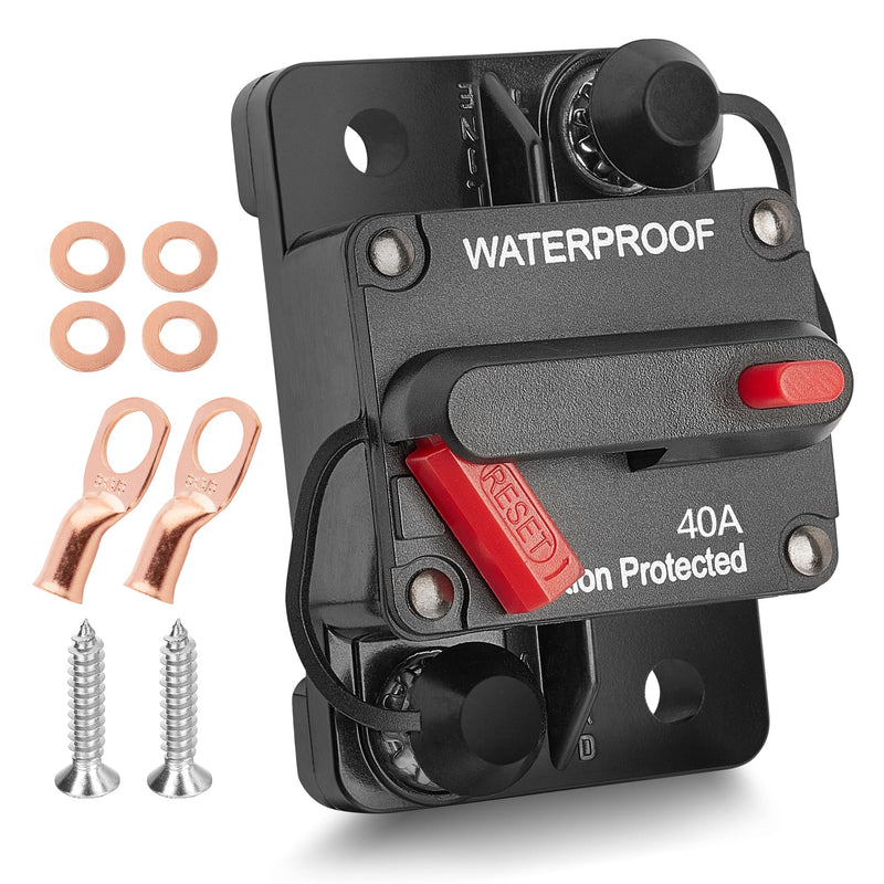 RED WOLF 40 AMP Car Circuit Breaker w/Manual Reset Switch Inline Fuse Holder Inverter for Motor Trolling Vehicles Audio Radio Solar System Protection 12V-48V DC with Wire Lugs Copper Washer Screws