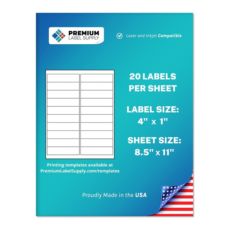 Premium Label Supply White Sticker Address Labels – 4" x 1" – Laser/Inkjet Compatible – (20 per Sheet), 25 Sheets – 500 Total Adhesive Labels 500 Labels